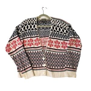 Vtg Paris Sport Club‎ Womens L Fair Isle Cardigan Sweater Cottagecore Winter Ski
